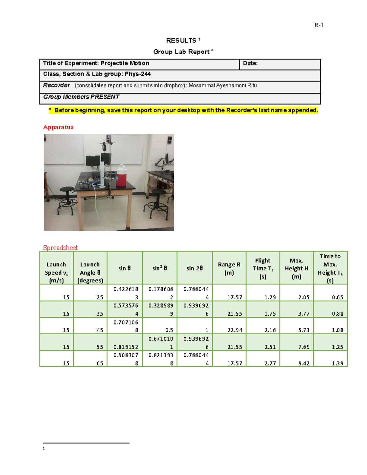 projectile motion experiment results