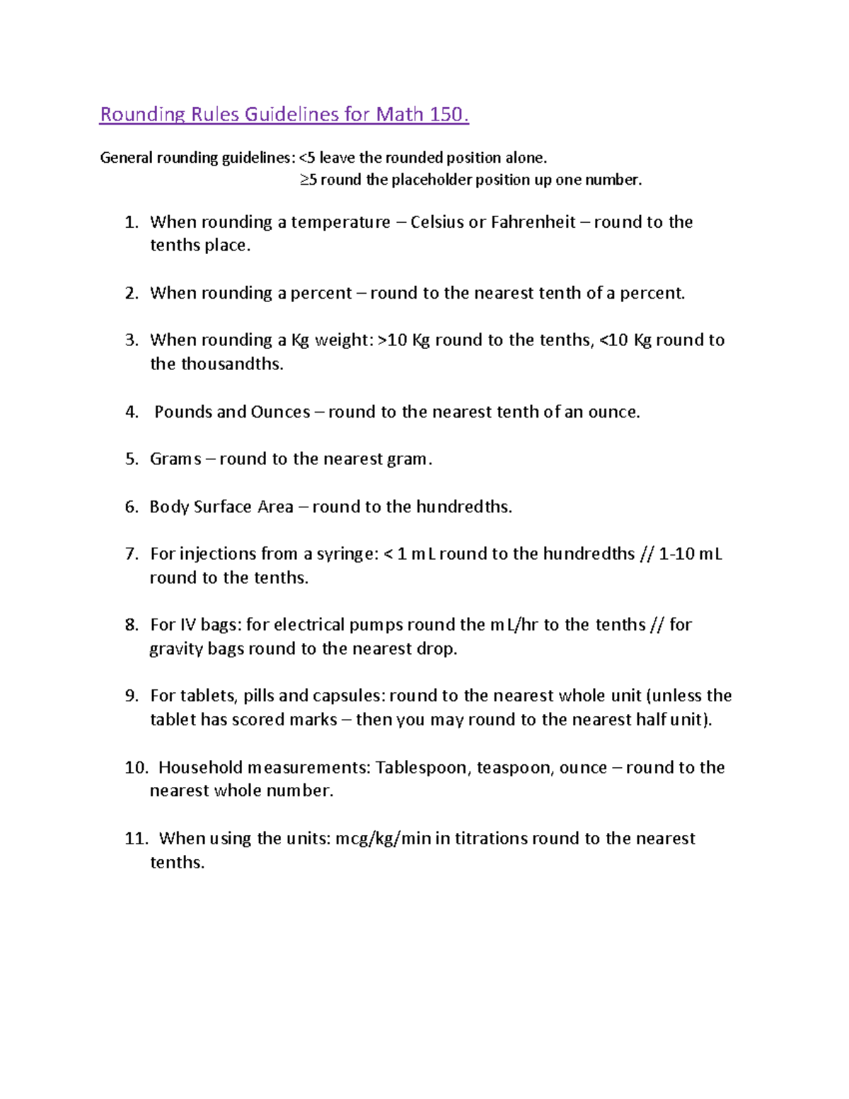 Rounding Rules Guidelines for Math 150 - NURS 150 - HACC - Studocu
