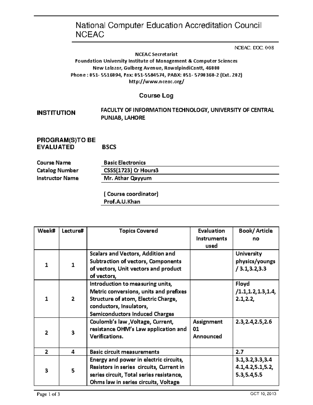 BE course Log Fall 2013 - afsasdas - Page 1 of 3 OCT 10, 2013 National ...