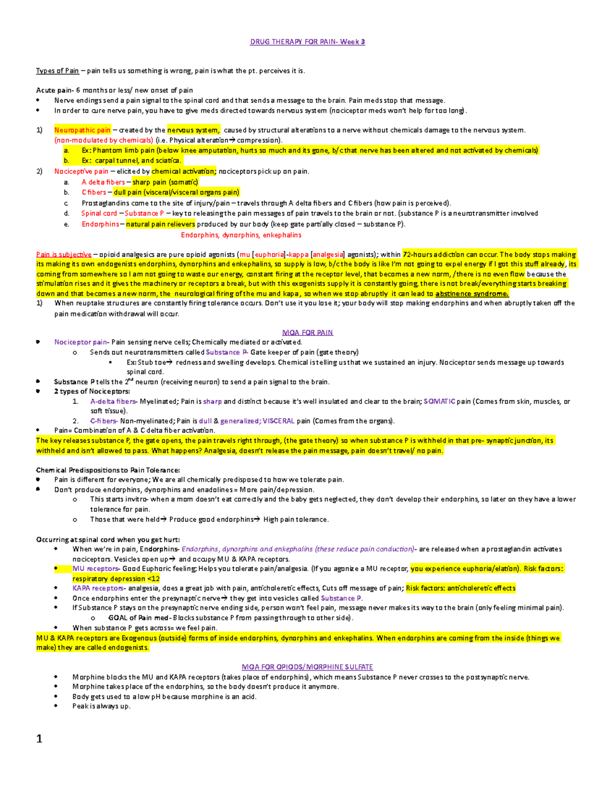 Wk 3 Pain Notes Final - Wwfdsfdfdsfdsfds - DRUG THERAPY FOR PAIN- Week ...