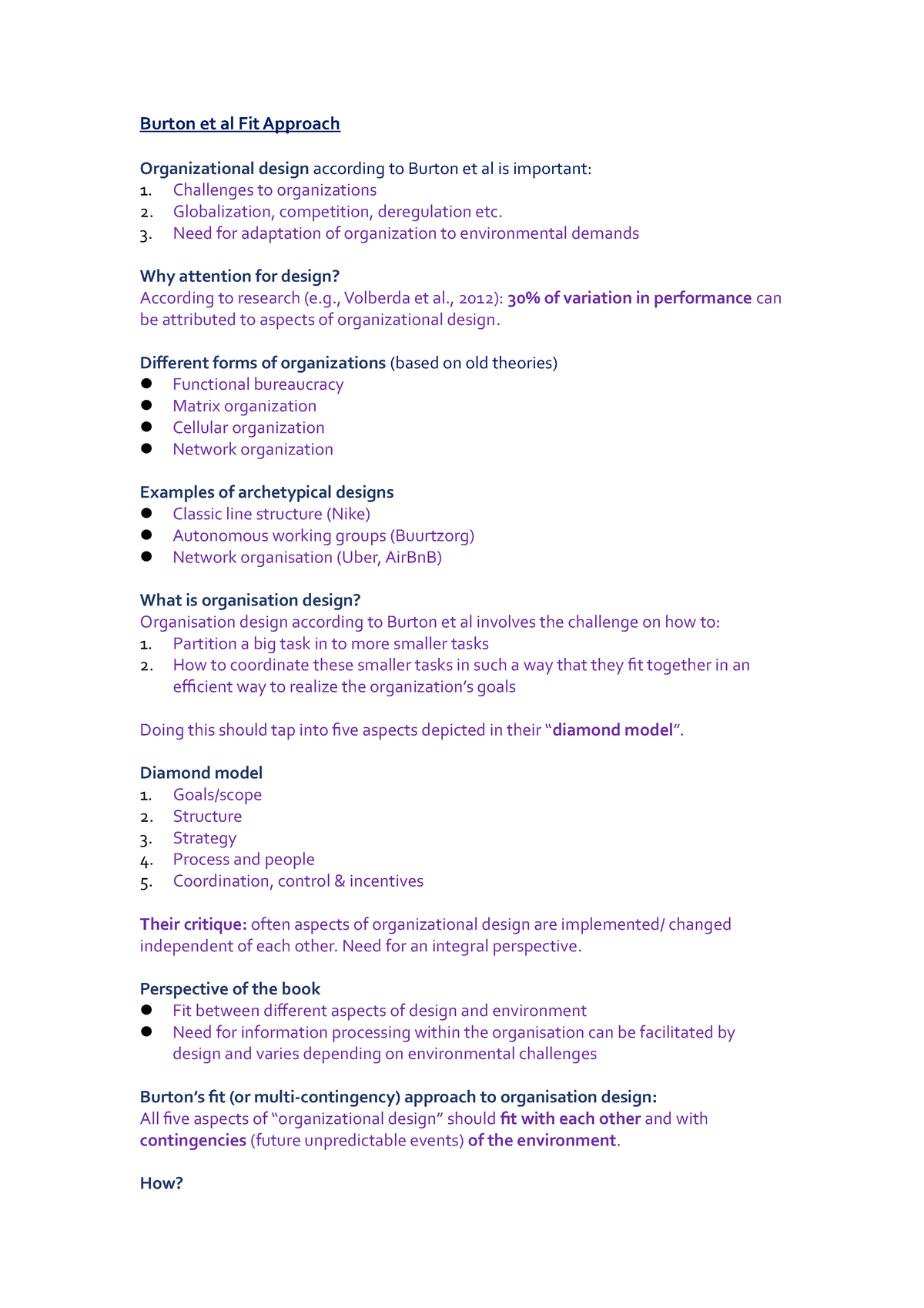 Intro to Org Design summary Burton et al Fit Approach