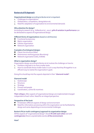 Intro to Org Design summary Burton et al Fit Approach