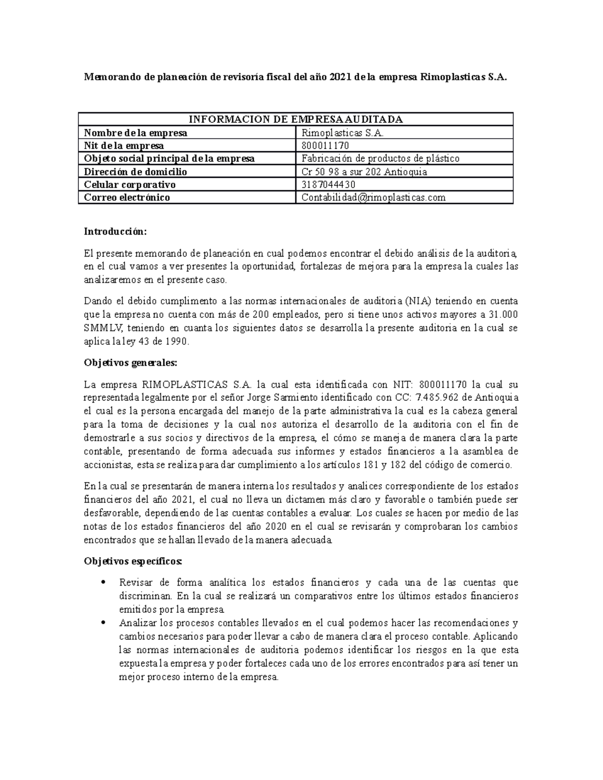 Fase 4 Rimoplasticas S Memorando De Planeación De Revisoría Fiscal