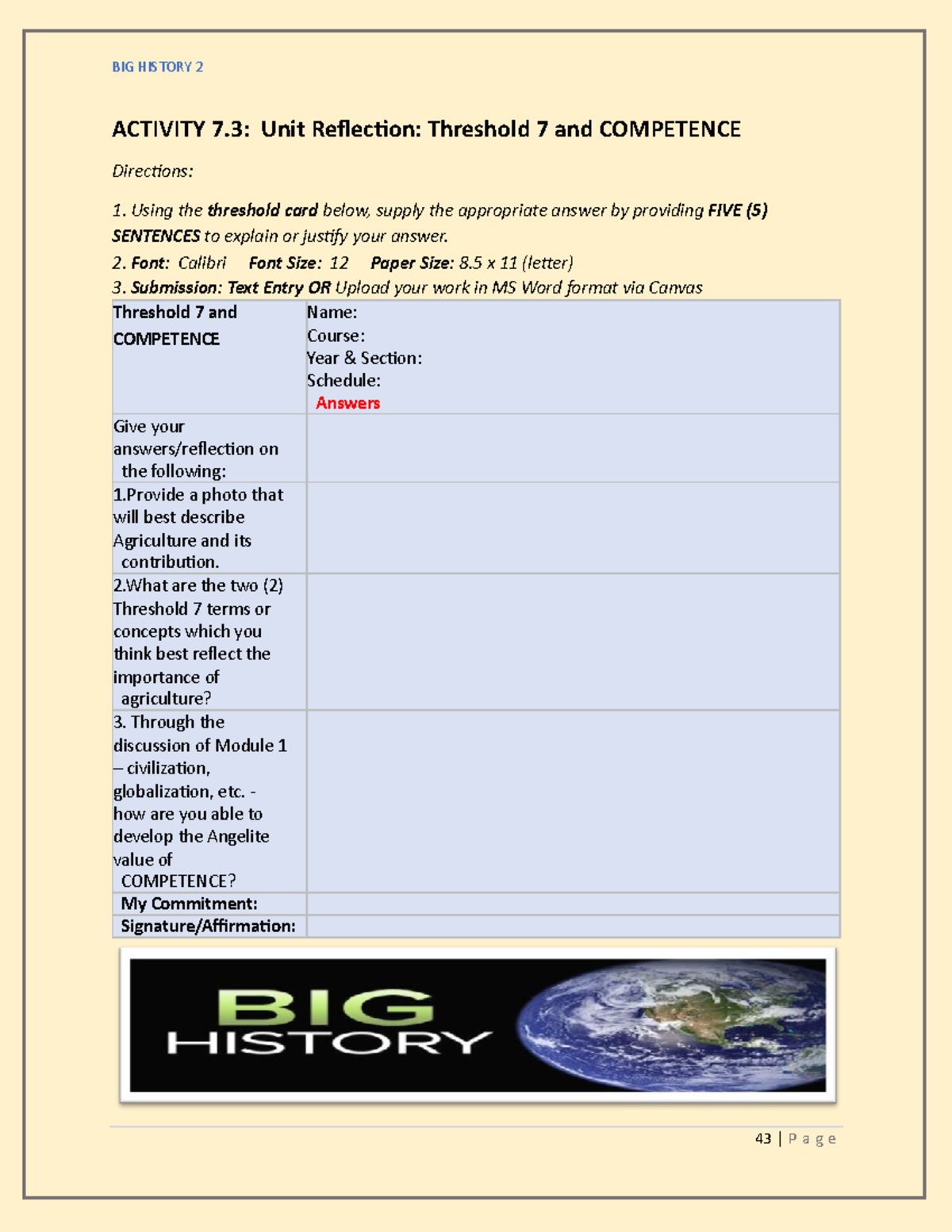 Activity 7.3 Unit Reflection Threshold 7 and Competence1 BIG HISTORY