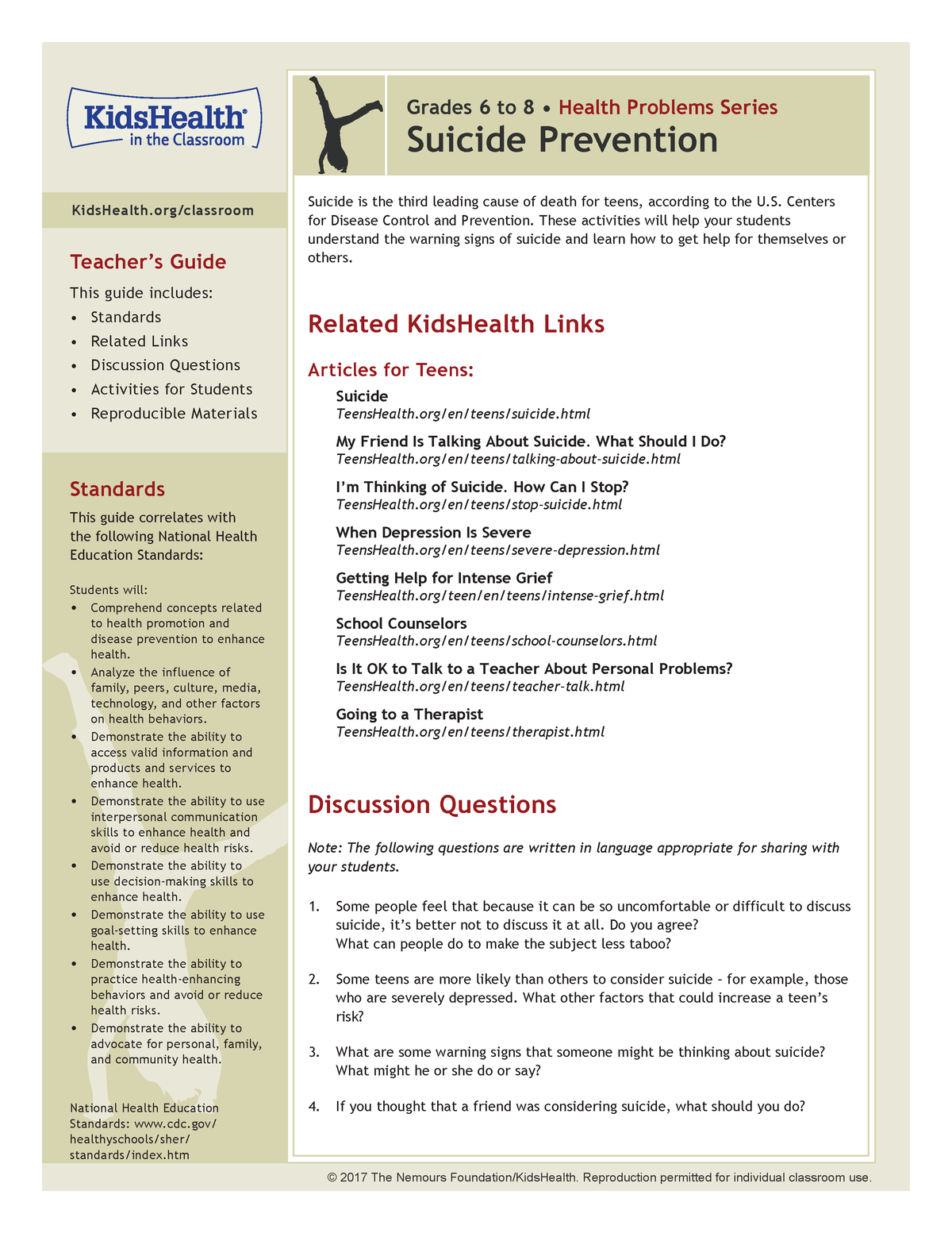 Suicide - KidsHealth/classroom Grades 6 To 8 • Health Problems Series ...