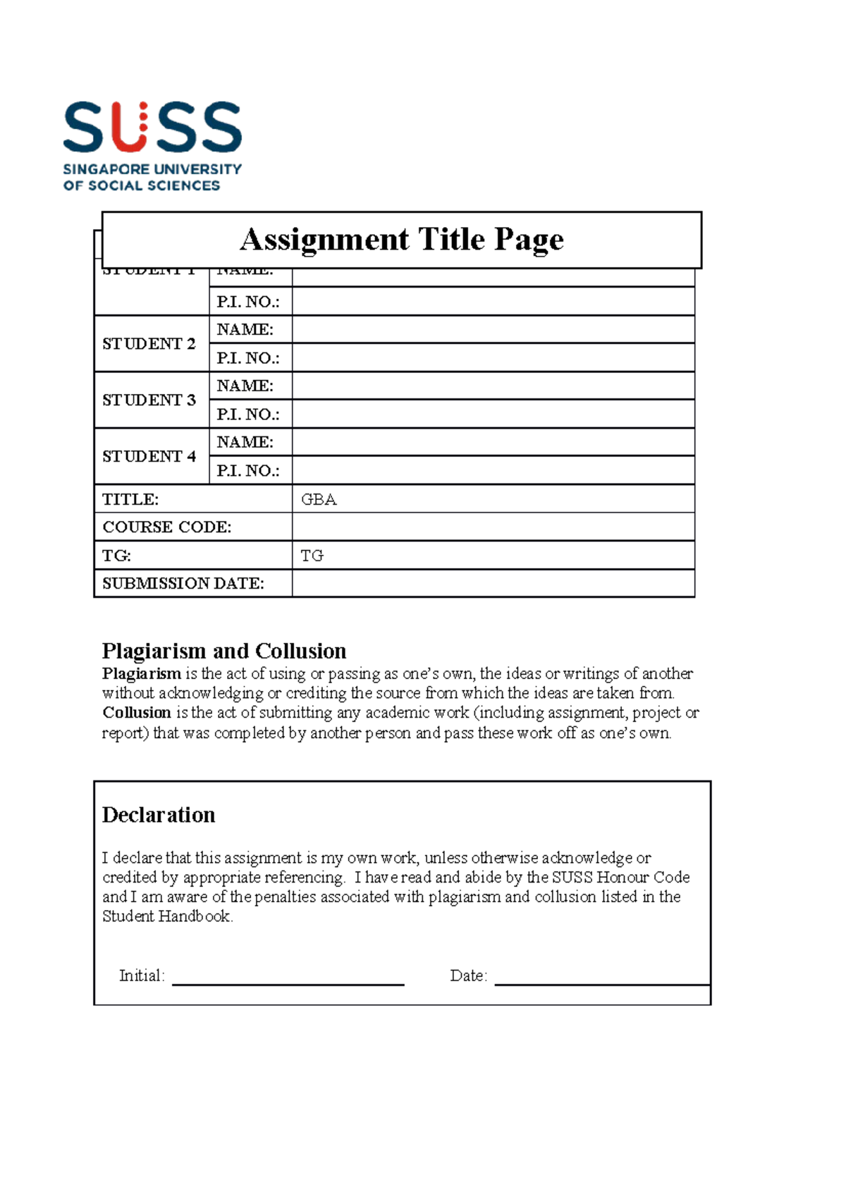 GBA Title Page - GBA - GROUP NAME: STUDENT 1 NAME: P. NO.: STUDENT 2 ...