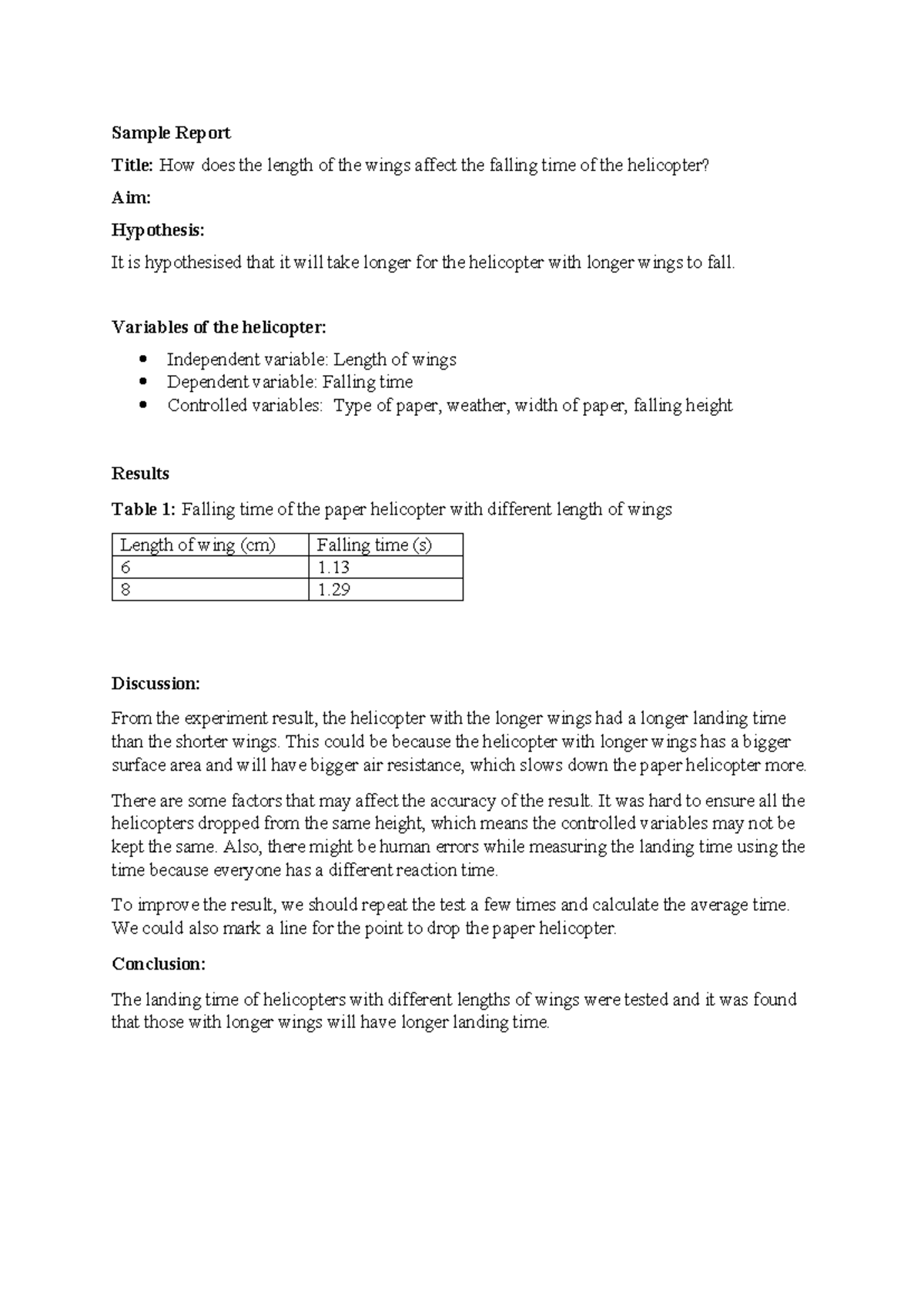 Sample Report for Paper Helicopter Sample Report Title How does the