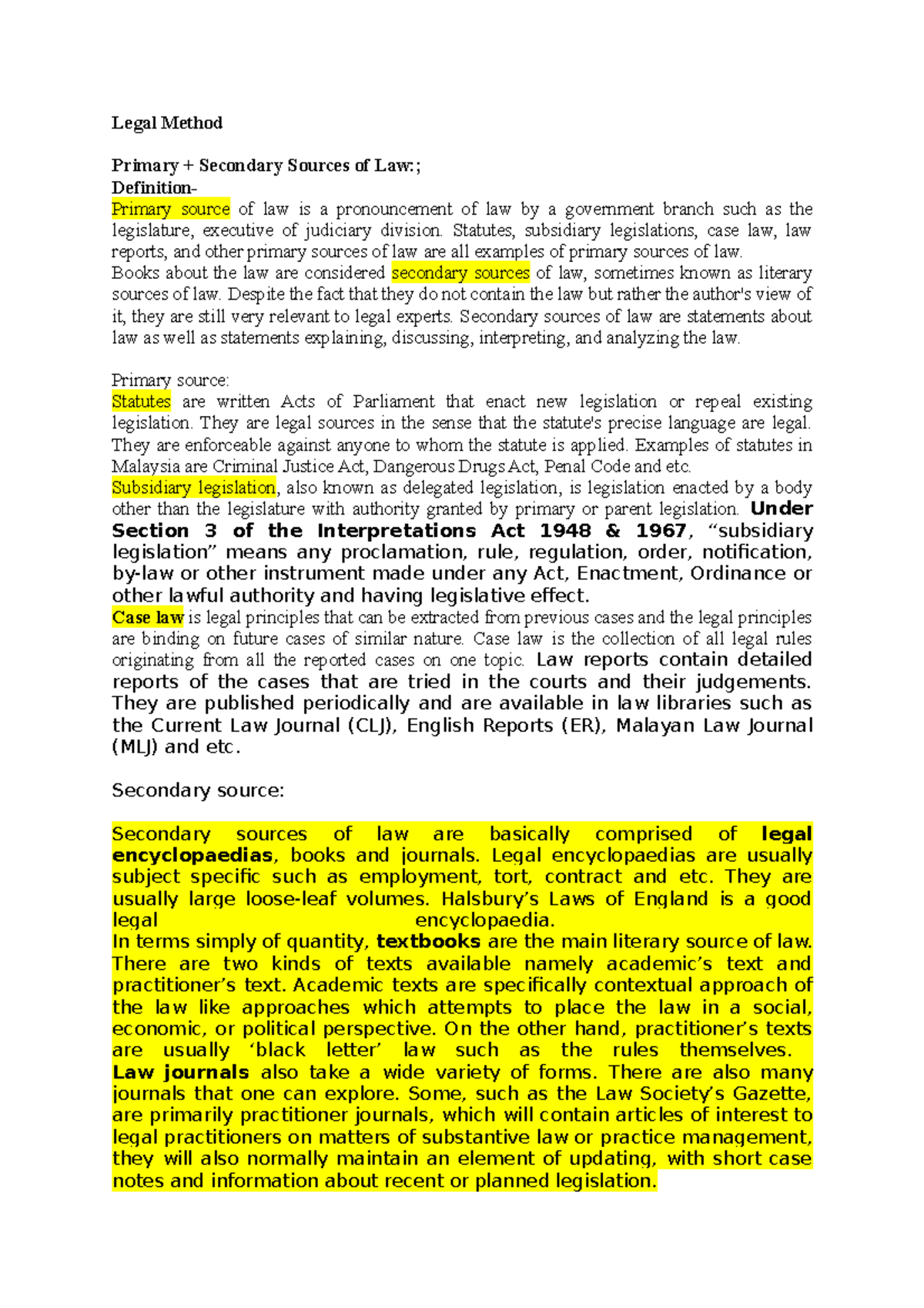 Legal Method notes Legal Method Primary + Secondary Sources of Law