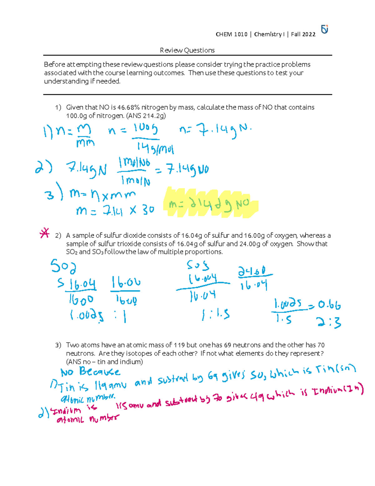 Chem Midterm Review - Review Questions Before Attempting These Review ...