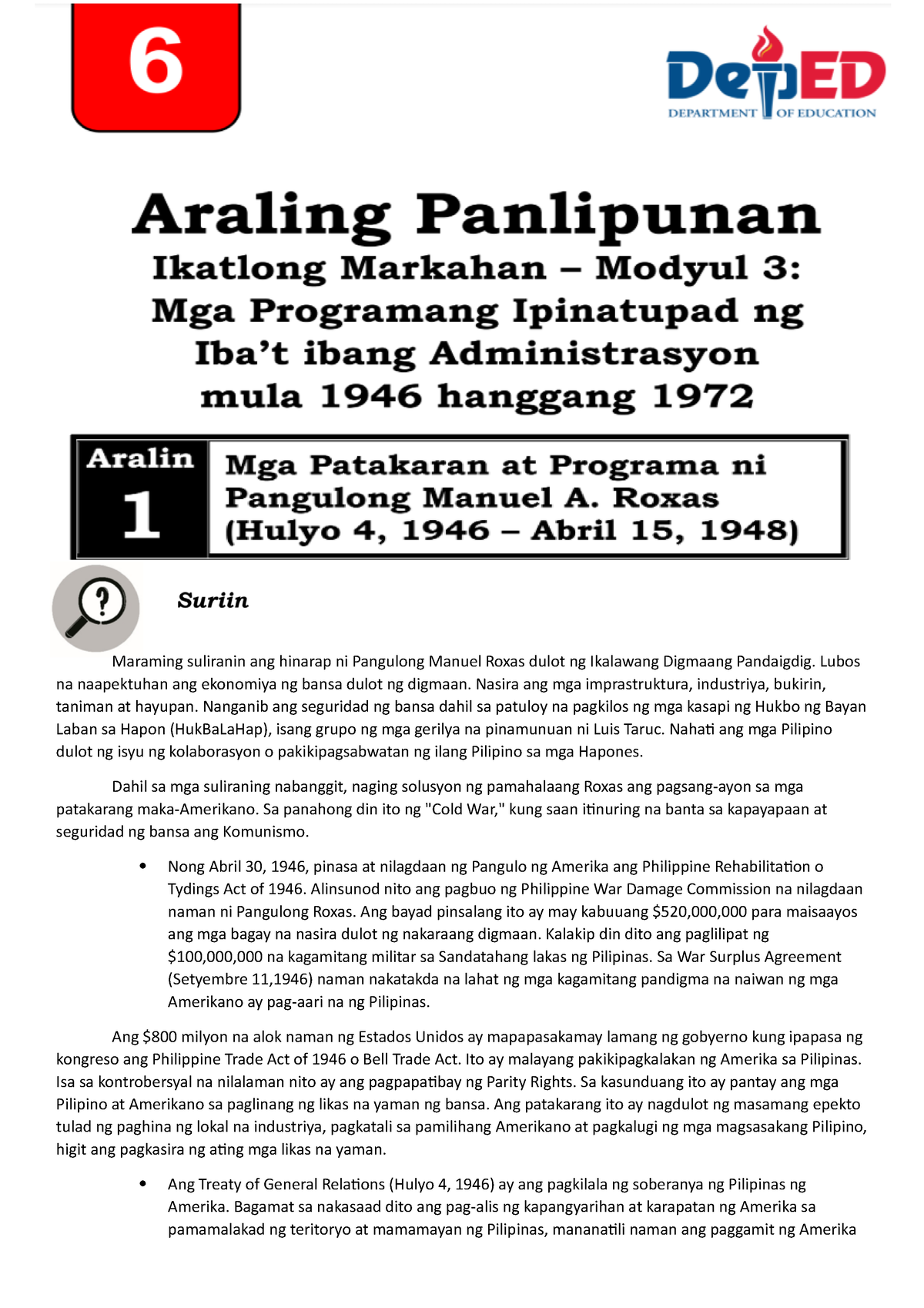 Ap Q3 Module 3 Araling Panlipunan Maraming Suliranin Ang Hinarap Ni Pangulong Manuel Roxas 8607