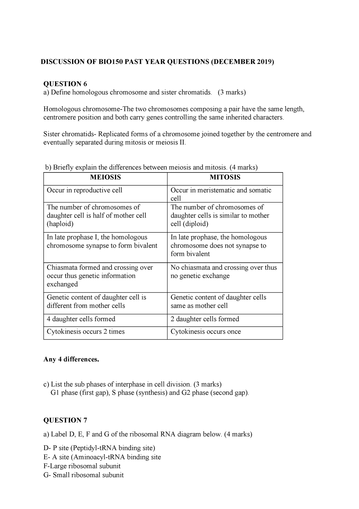 Discussion OF BIO150 PAST YEAR Questions- Answers - DISCUSSION OF ...