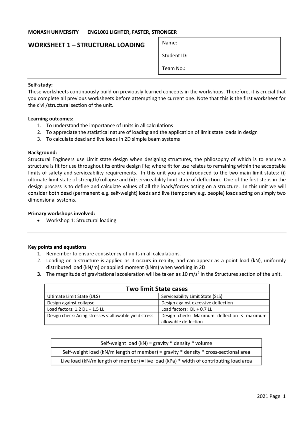 Worksheet 1 - Loads July2021 - MONASH UNIVERSITY ENG1001 LIGHTER ...