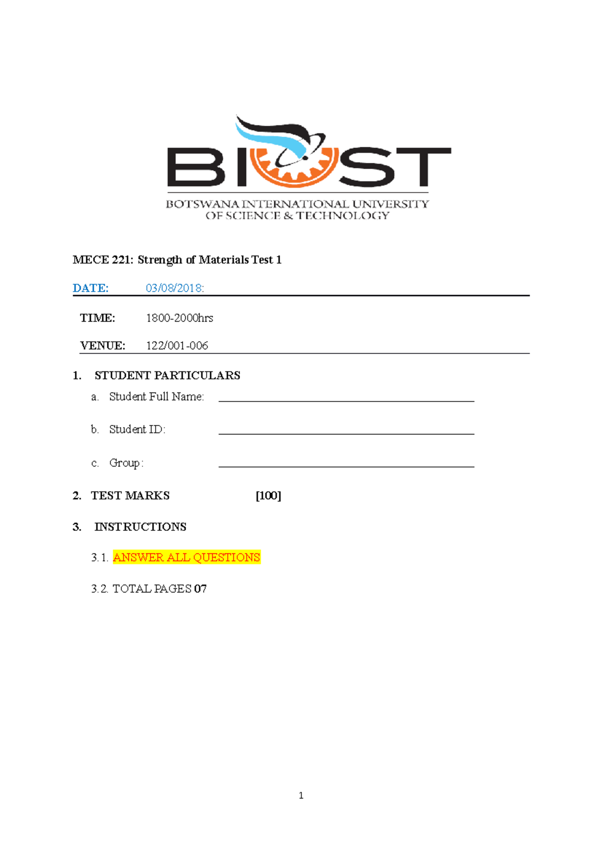 TEST 1 13 May 2018, Questions And Answers - MECE 221: Strength Of ...