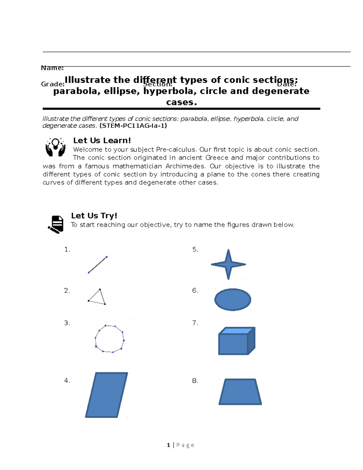 Activity.week 1a-Conics - Illustrate the different types of conic ...