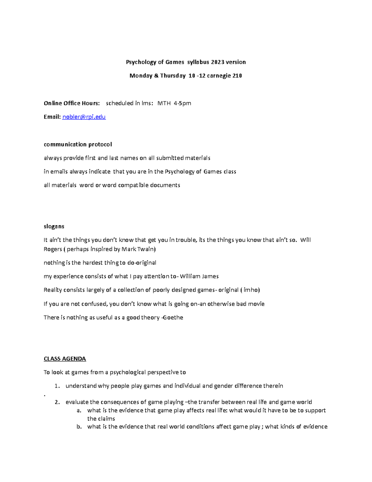 Psychology of Games syllabus 2023 version Psychology of Games