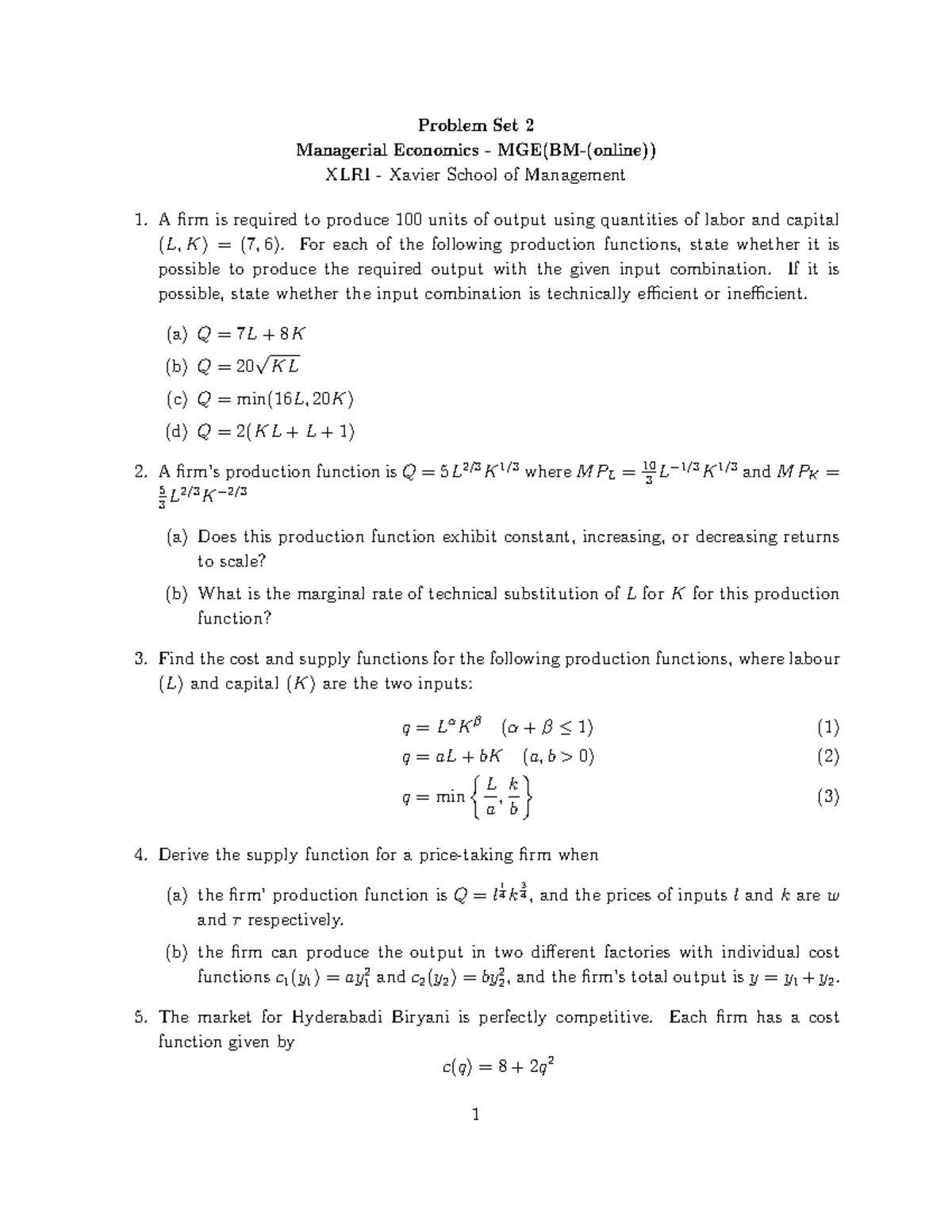 Problem Set 2 - Managerial economics - Problem Set 2 Managerial ...