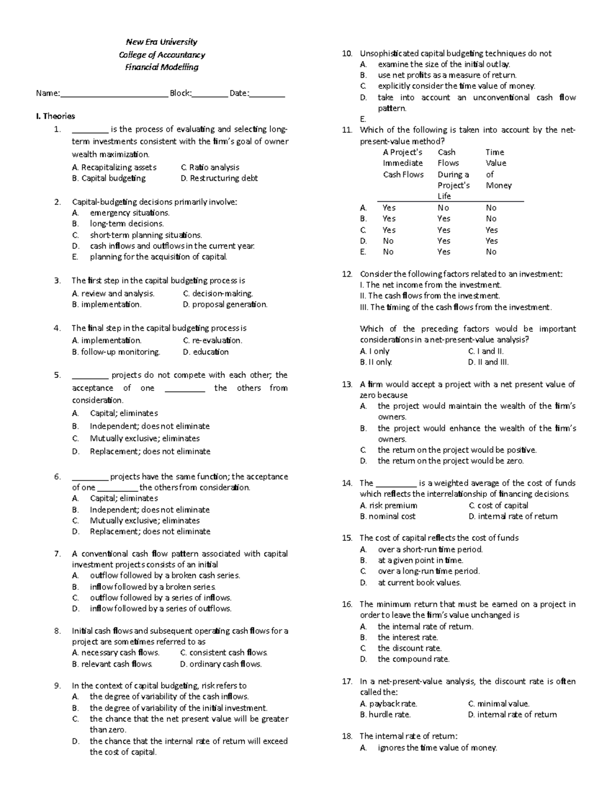 A4 Net Present Value NPV Profile Internal Rate of Return Theories - New ...