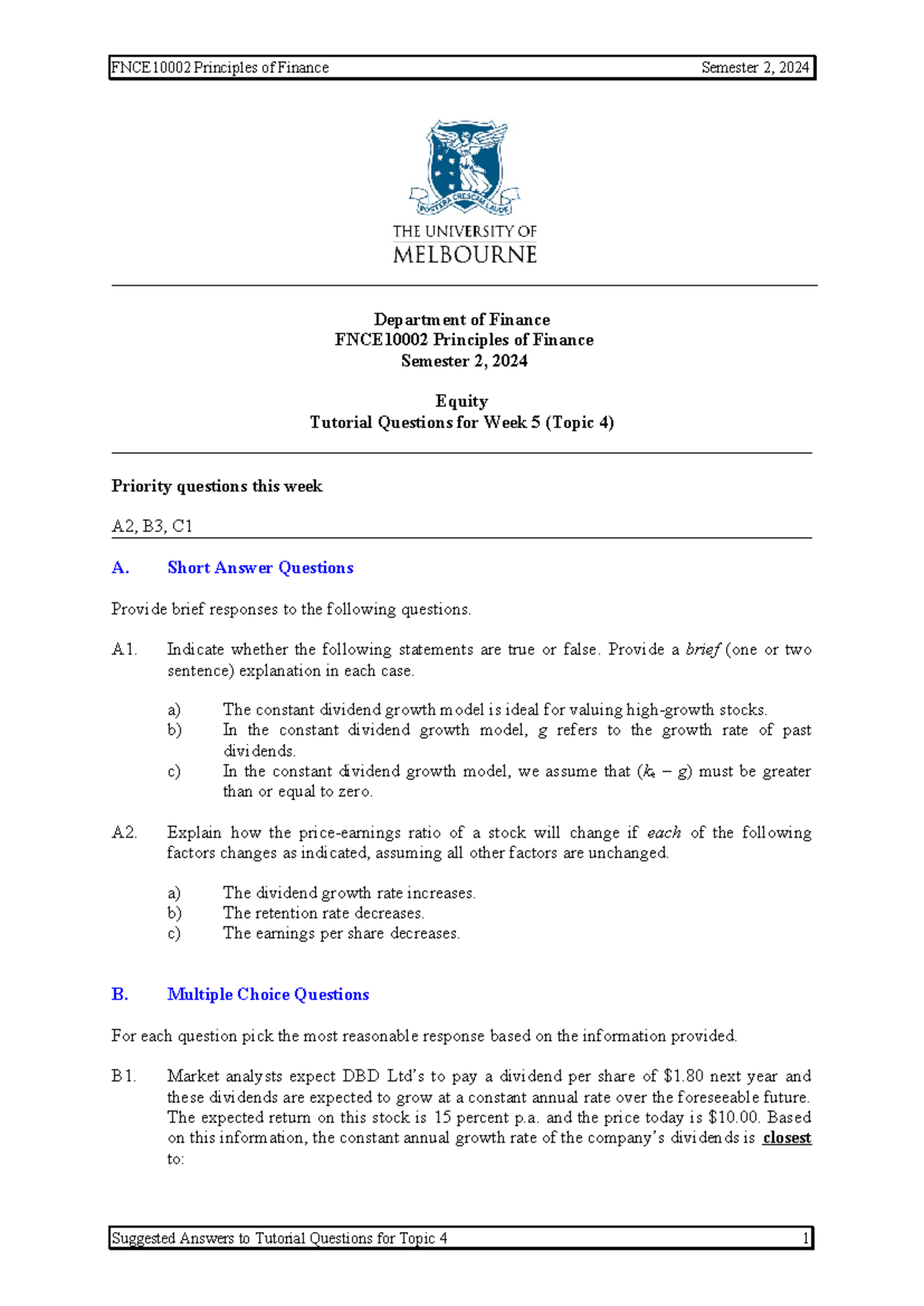 Tutorial 4 with solutions-2 - Department of Finance FNCE10002 ...