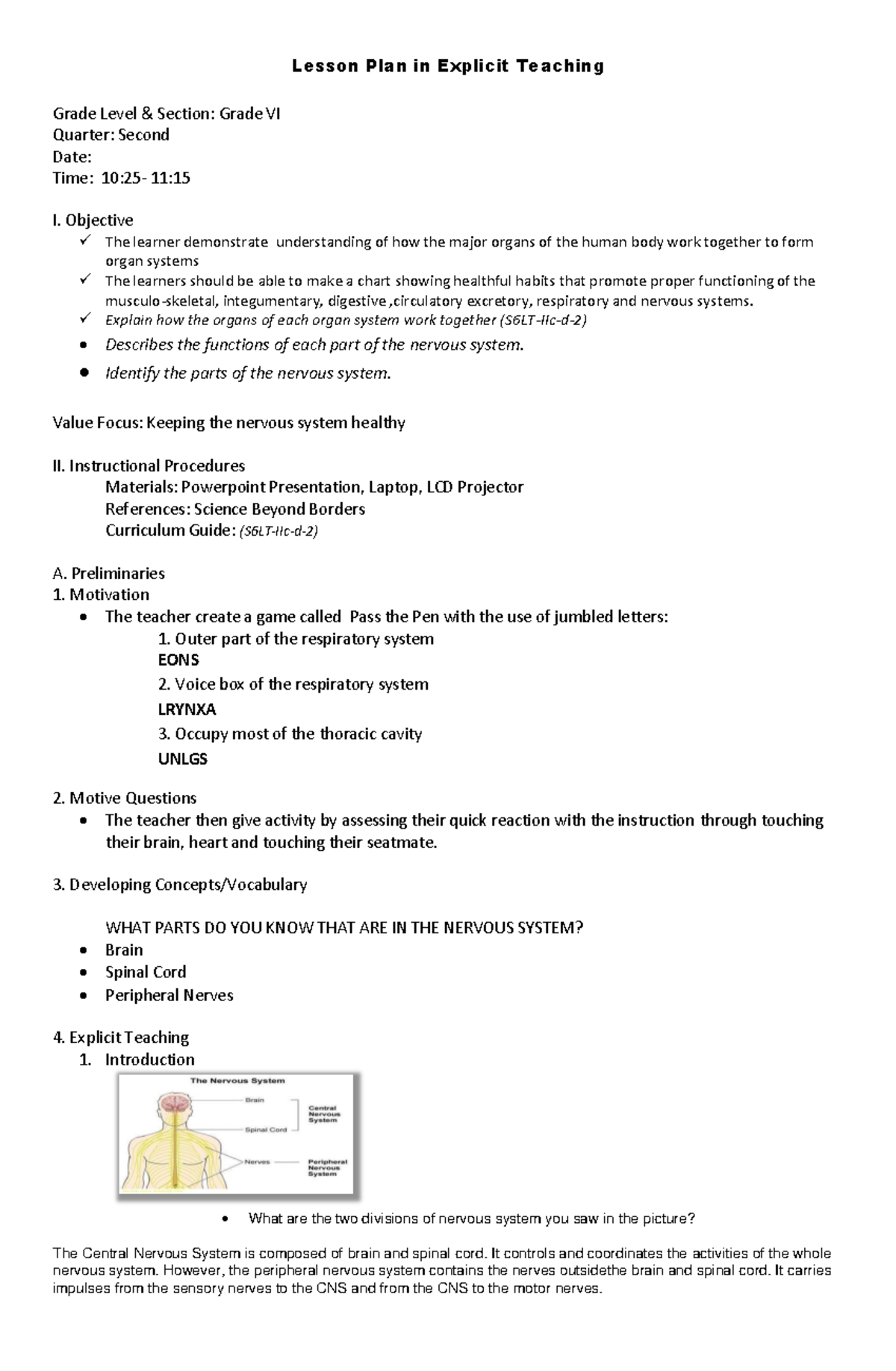 Science COT cot Lesson Plan in Explicit Teaching Grade Level & Section Grade VI Quarter