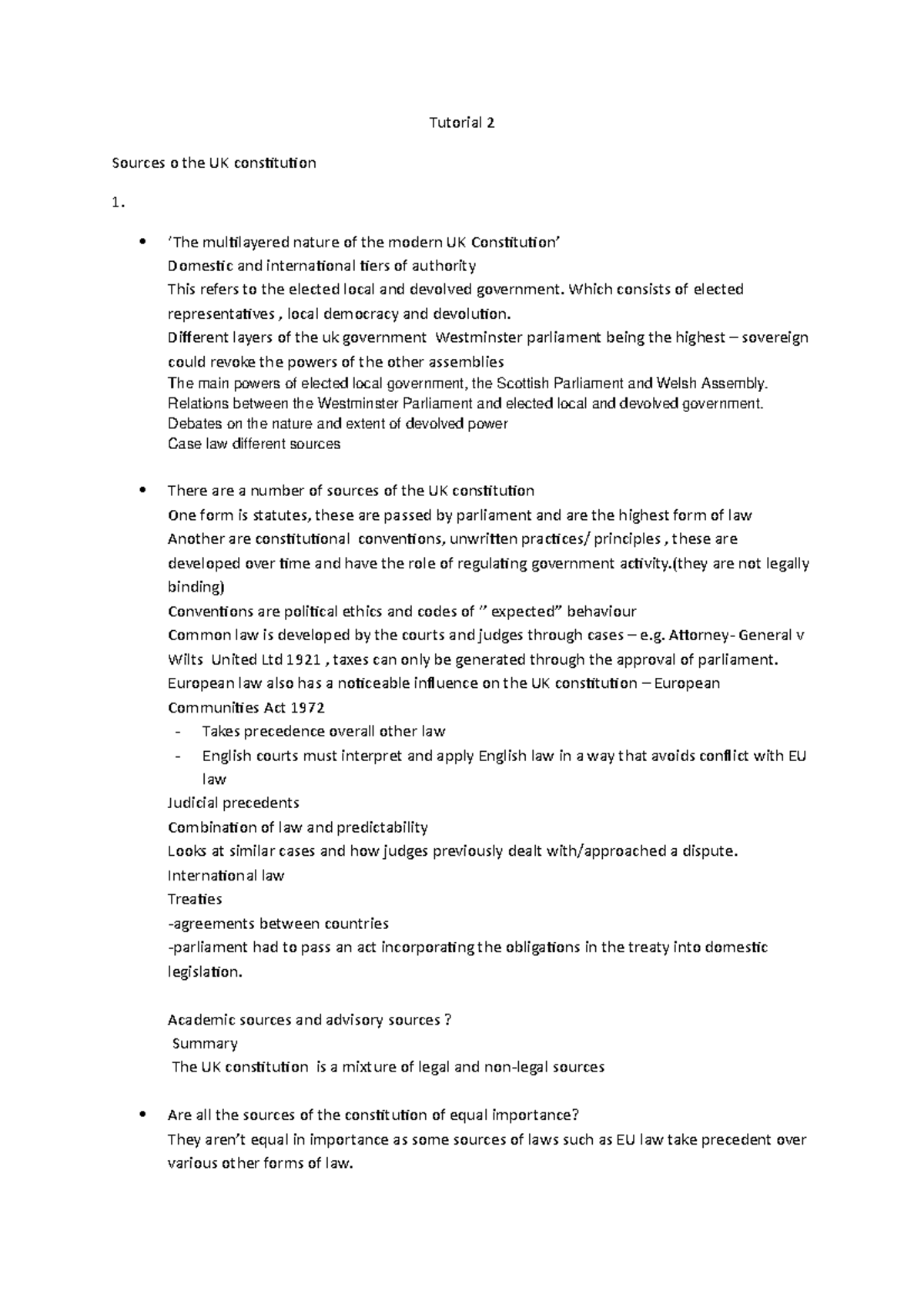 Tutorial 2 - Tutorial 2 Sources o the UK constitution 1. ‘The ...