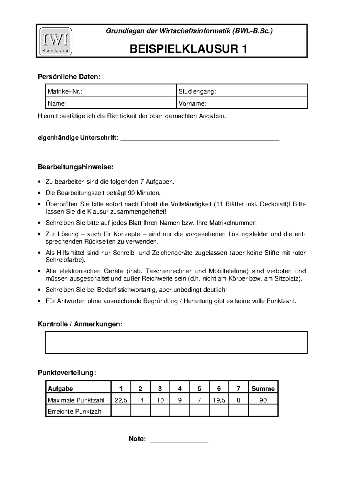 Probeklausur - Grundlagen Der Wirtschaftsinformatik (BWL-B ...