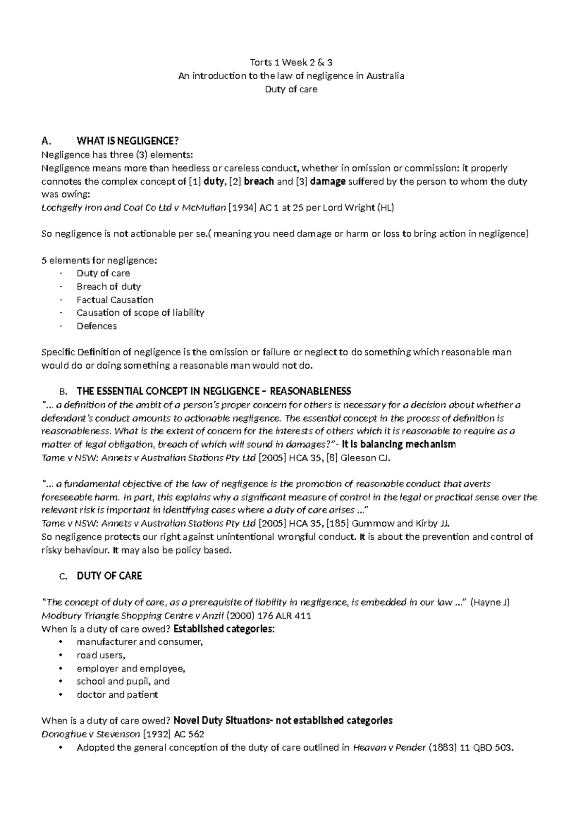 Torts 1 Week 2 - lecture notes - Torts 1 Week 2 & 3 An introduction to ...