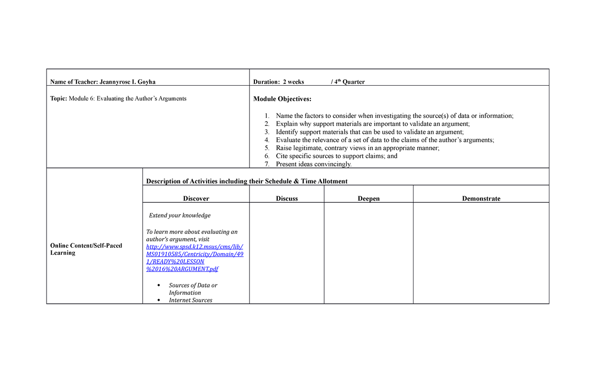 EAPP- Module-6 - Teaching plans for English for Academic and ...