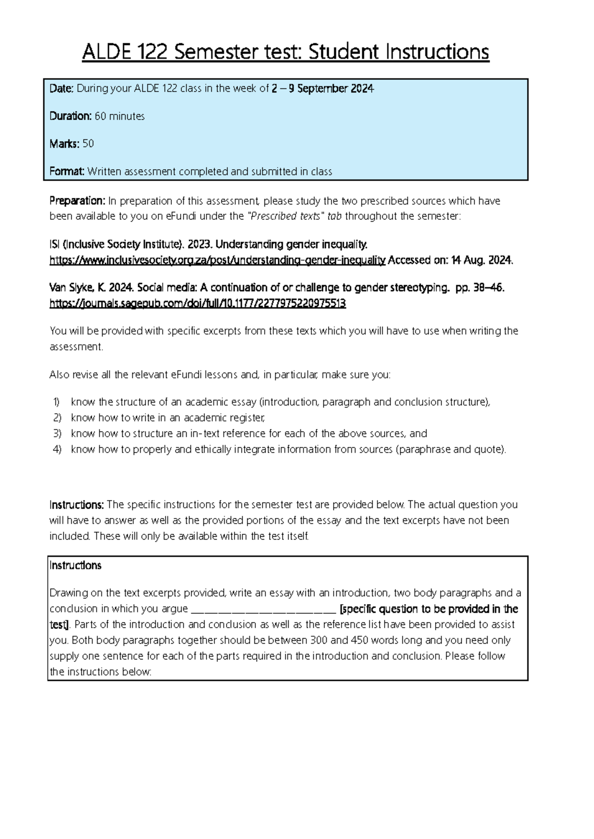 ALDE 122 Semester Test Student Instructions - ALDE 1 2 2 Semester test ...
