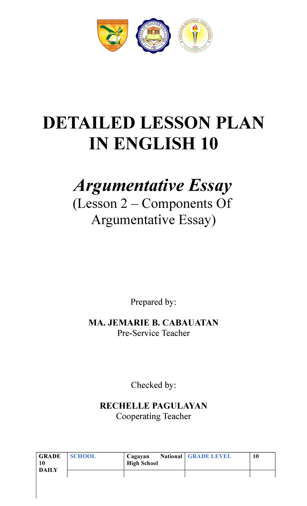 compose an argumentative essay lesson plan