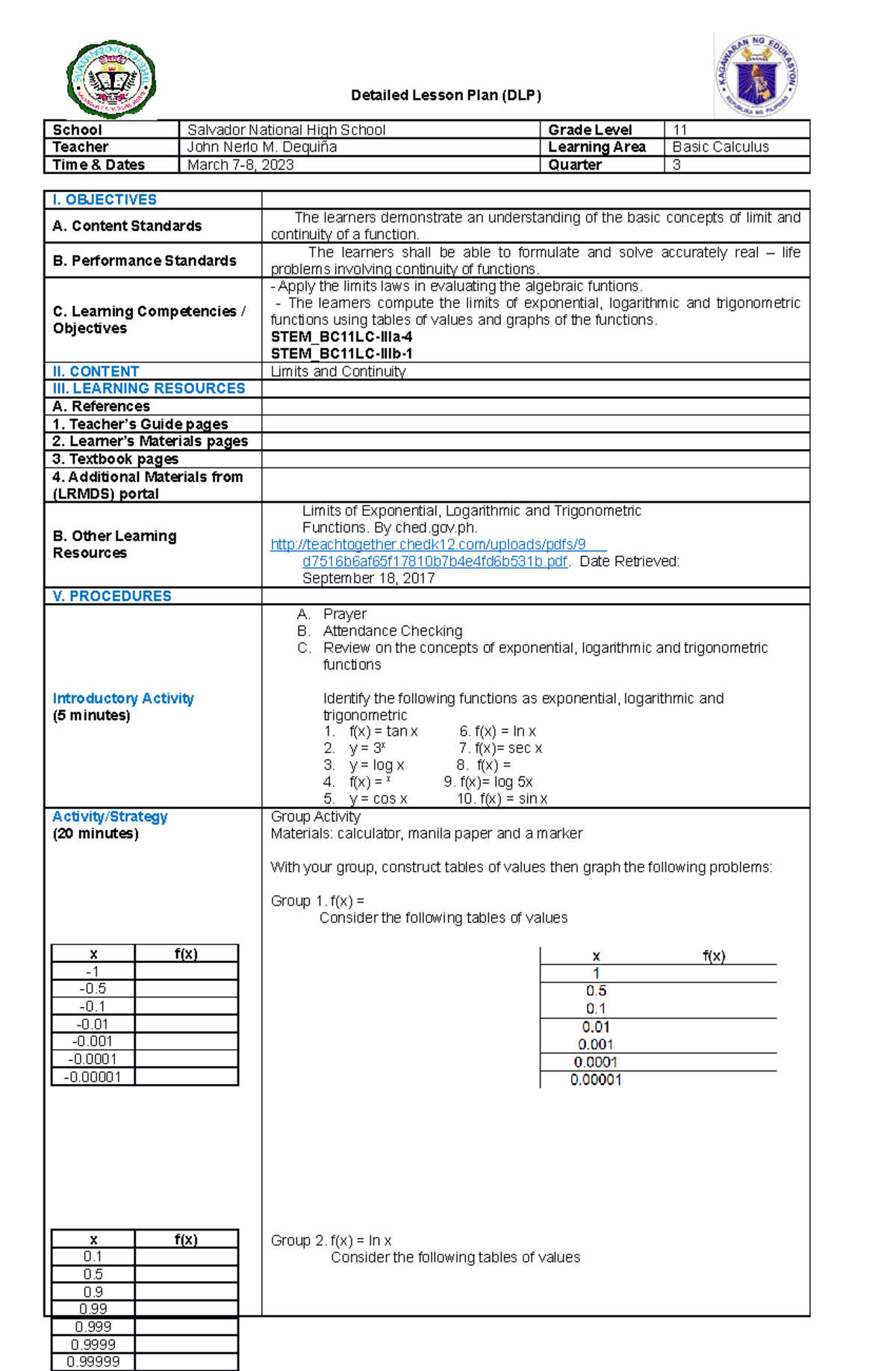 STEM BC11LC-IIIb-1 - lesson plan in math - Detailed Lesson Plan (DLP ...