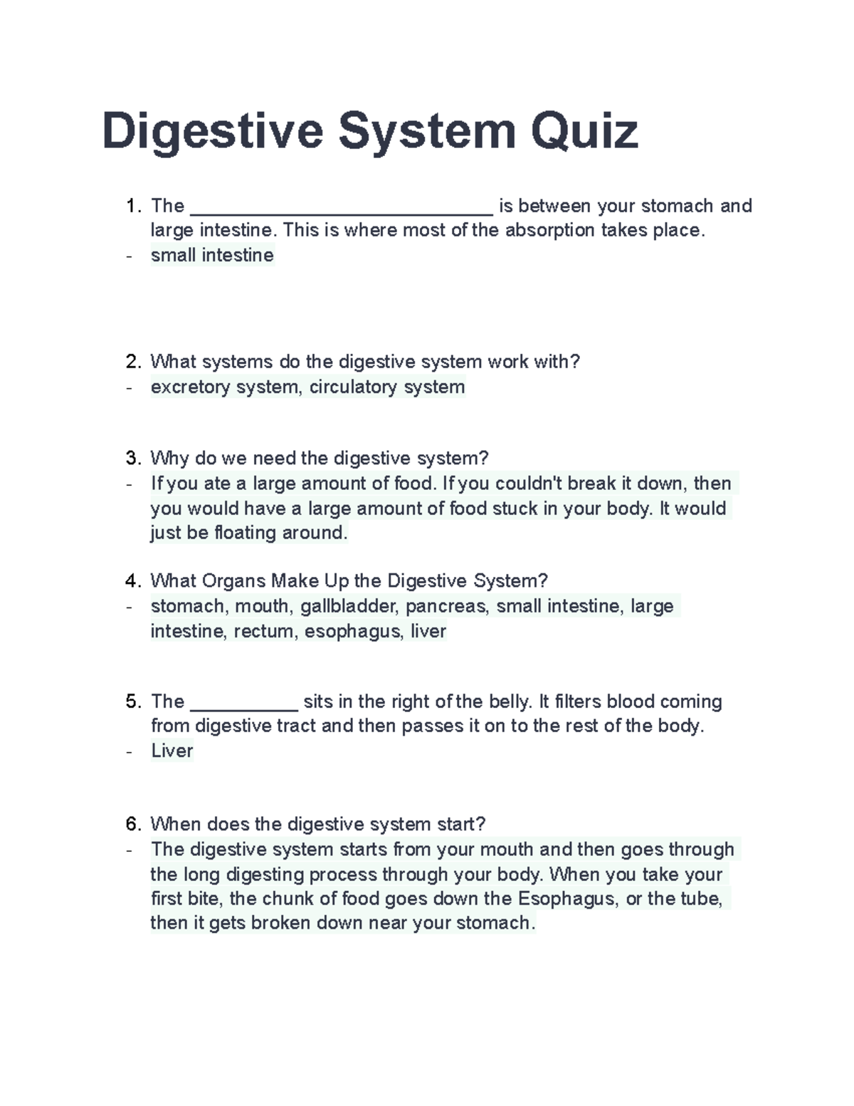 Digestive System Quiz - Biochemistry - Quiz#1 - 2020/2021 - Digestive ...