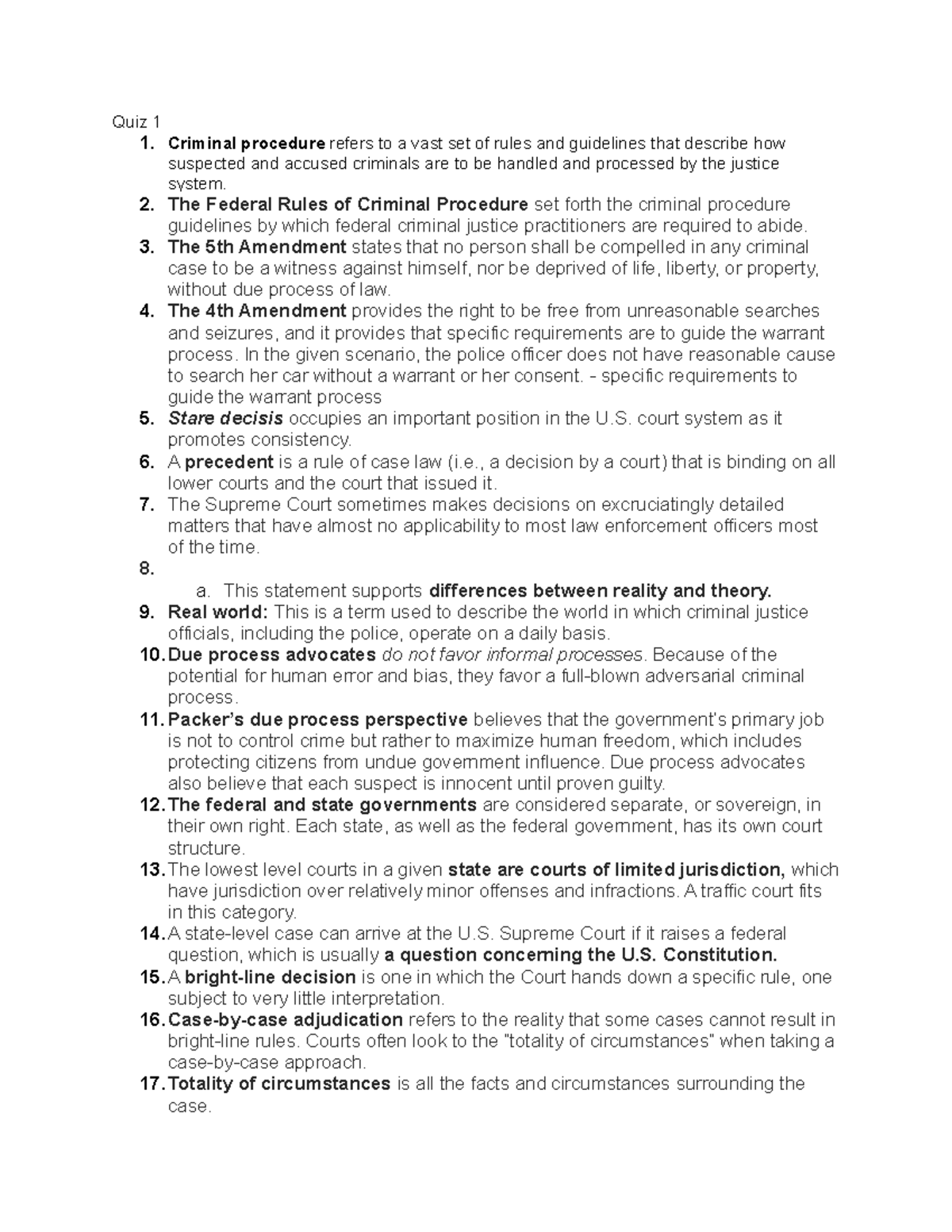 Pearson Quiz Answers Quiz 1 1. Criminal procedure refers to a vast