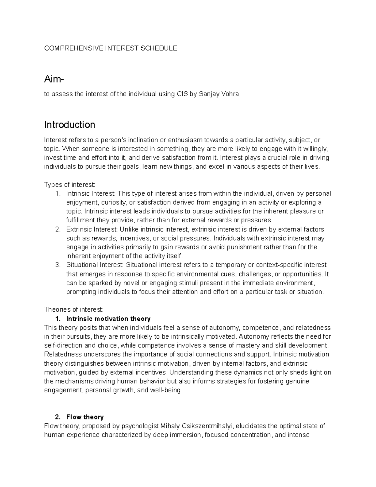 Comprehensive Interest Scale - COMPREHENSIVE INTEREST SCHEDULE Aim- to ...