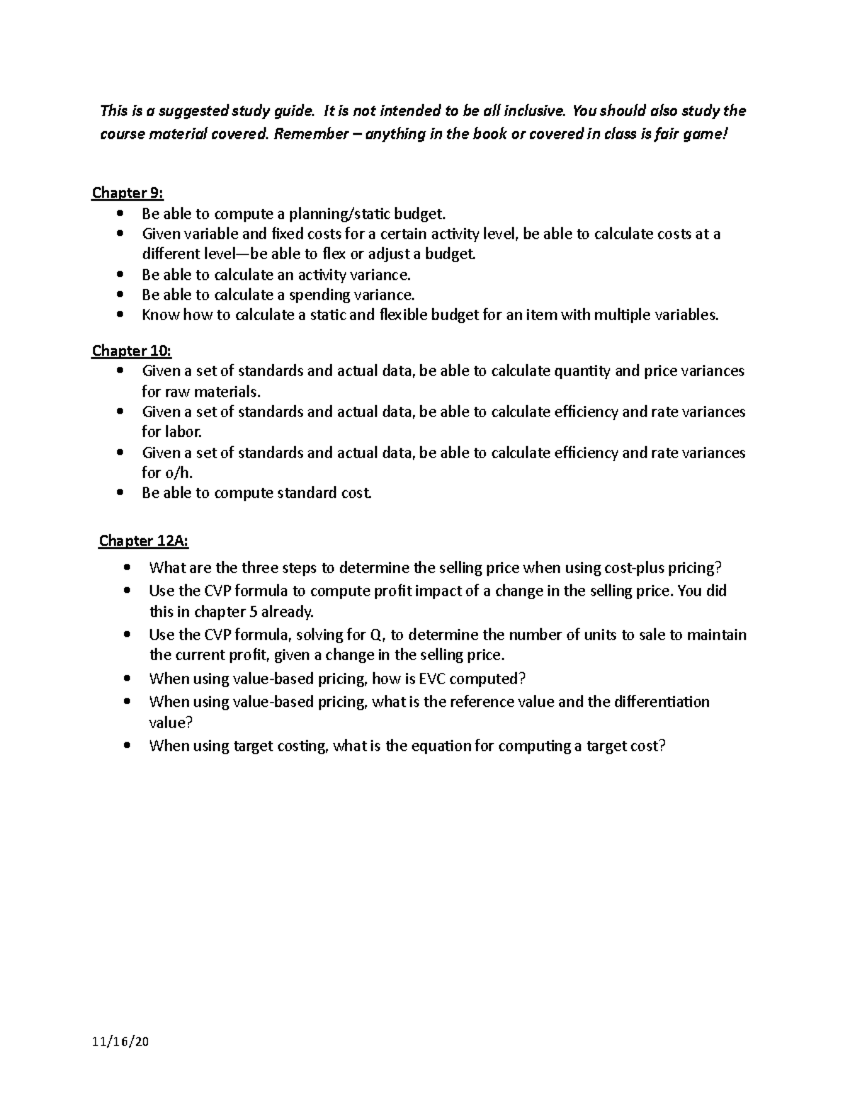 Chapters 9, 10 and Appendix 12A exam study guide - This is a suggested ...