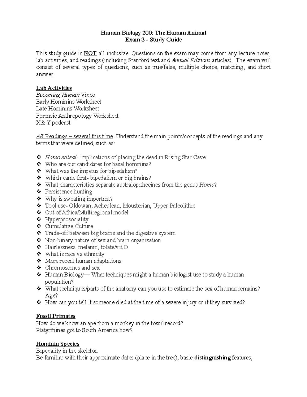 HBIO 200 Exam 3 Study Guide 2020 - Human Biology 200: The Human Animal ...