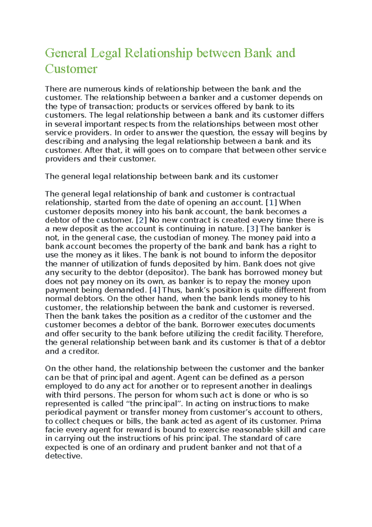 General Legal Relationship between Bank and Customer General Legal