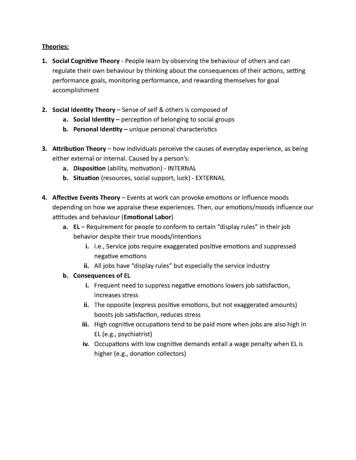 MHR 405 Midterm 1 Important Theories - Theories: 1. Social Cognitive ...