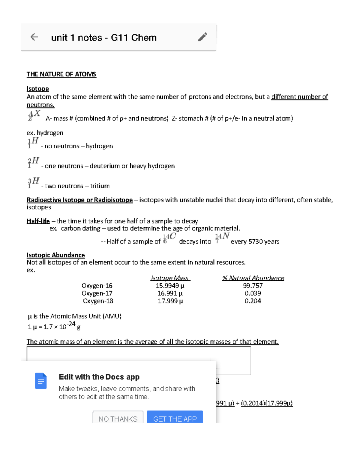 Unit 1 notes - G11 Chem - THE NATURE OF ATOMS Isotope An atom of the ...