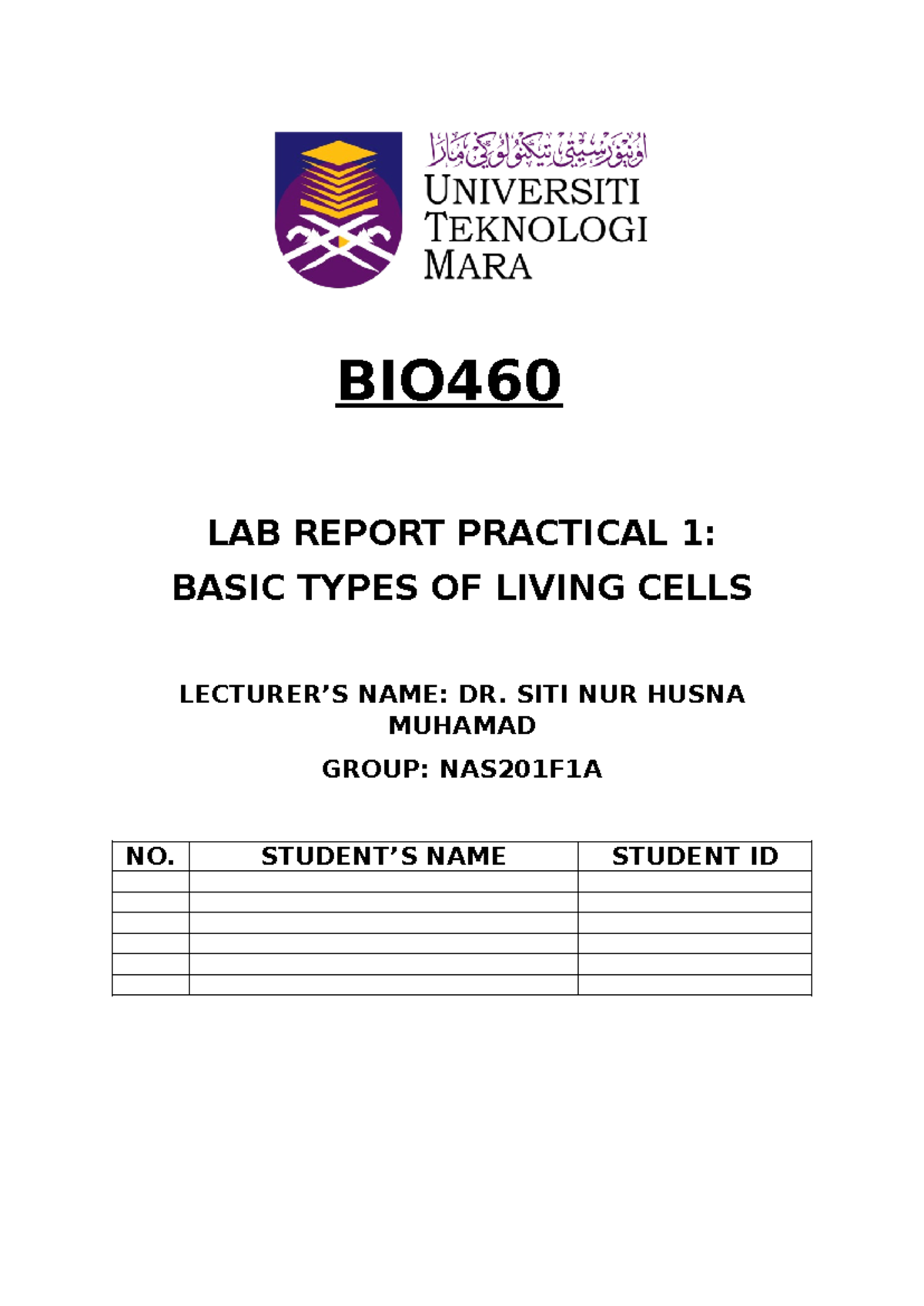 LAB Cover - AS201 - BIO LAB REPORT PRACTICAL 1: BASIC TYPES OF LIVING ...