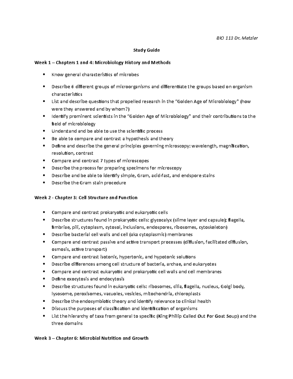 BIO113 Study Guide - BIO 113 Dr. Metzler Study Guide Week 1 – Chapters ...