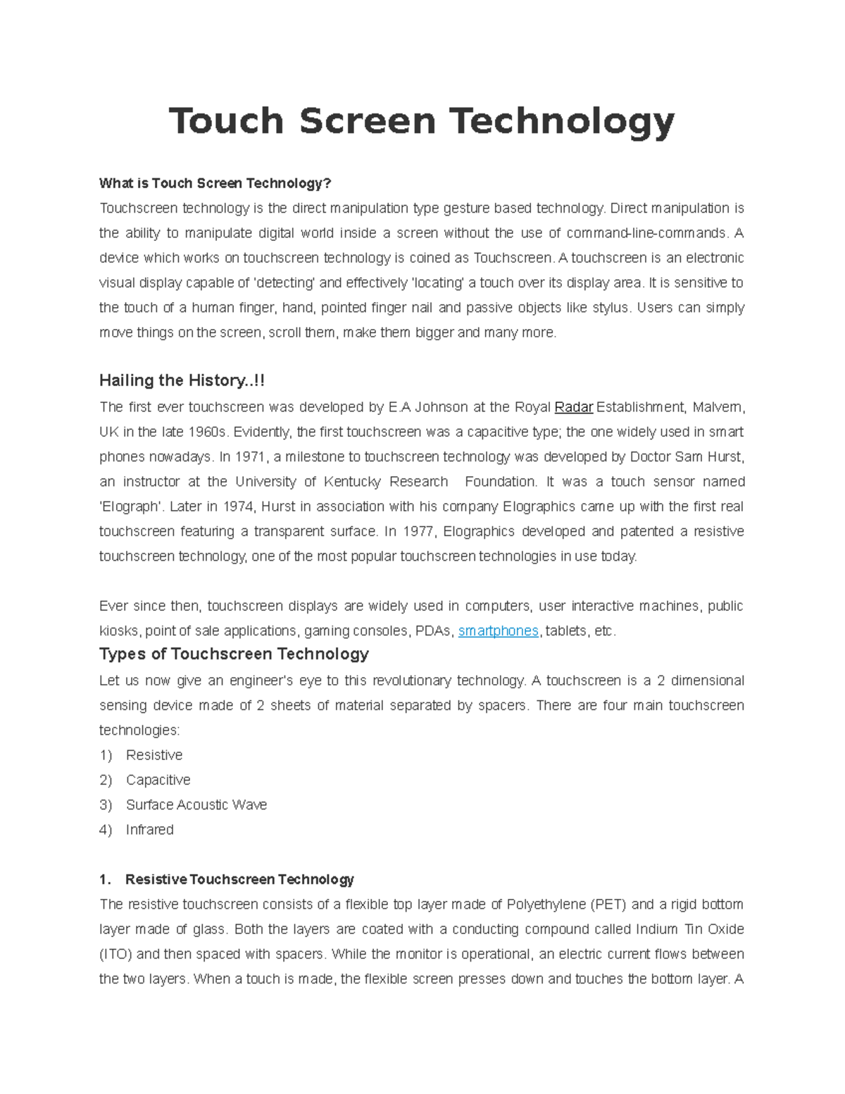 Touch Screen Technology 222 Touch Screen Technology What Is Touch 