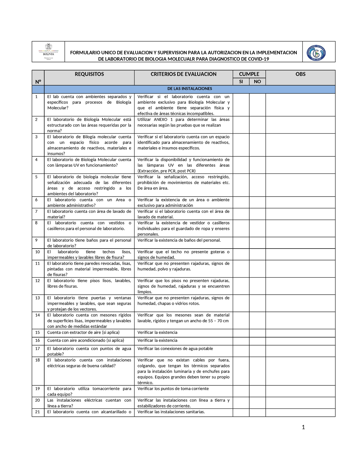 Instrumento Habilitacion - FORMULARIO UNICO DE EVALUACION Y SUPERVISION ...