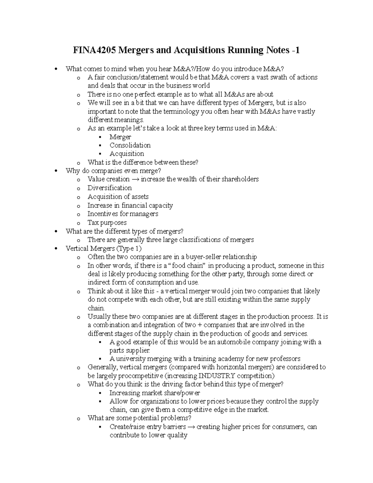 FINA6205 Notes 1 - FINA4205 Mergers and Acquisitions Running Notes ...