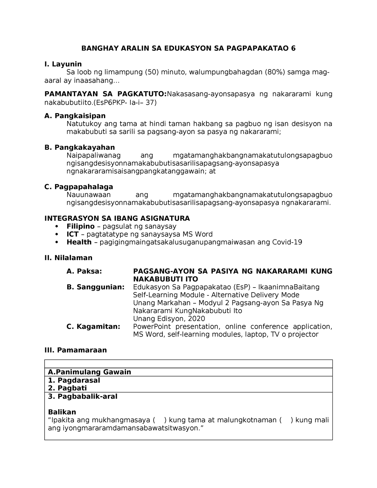 Esp 6 Cot Detailed Lesson Plan Banghay Aralin Sa Edukasyon Sa Pagpapakatao 6 I Layunin Sa 3672