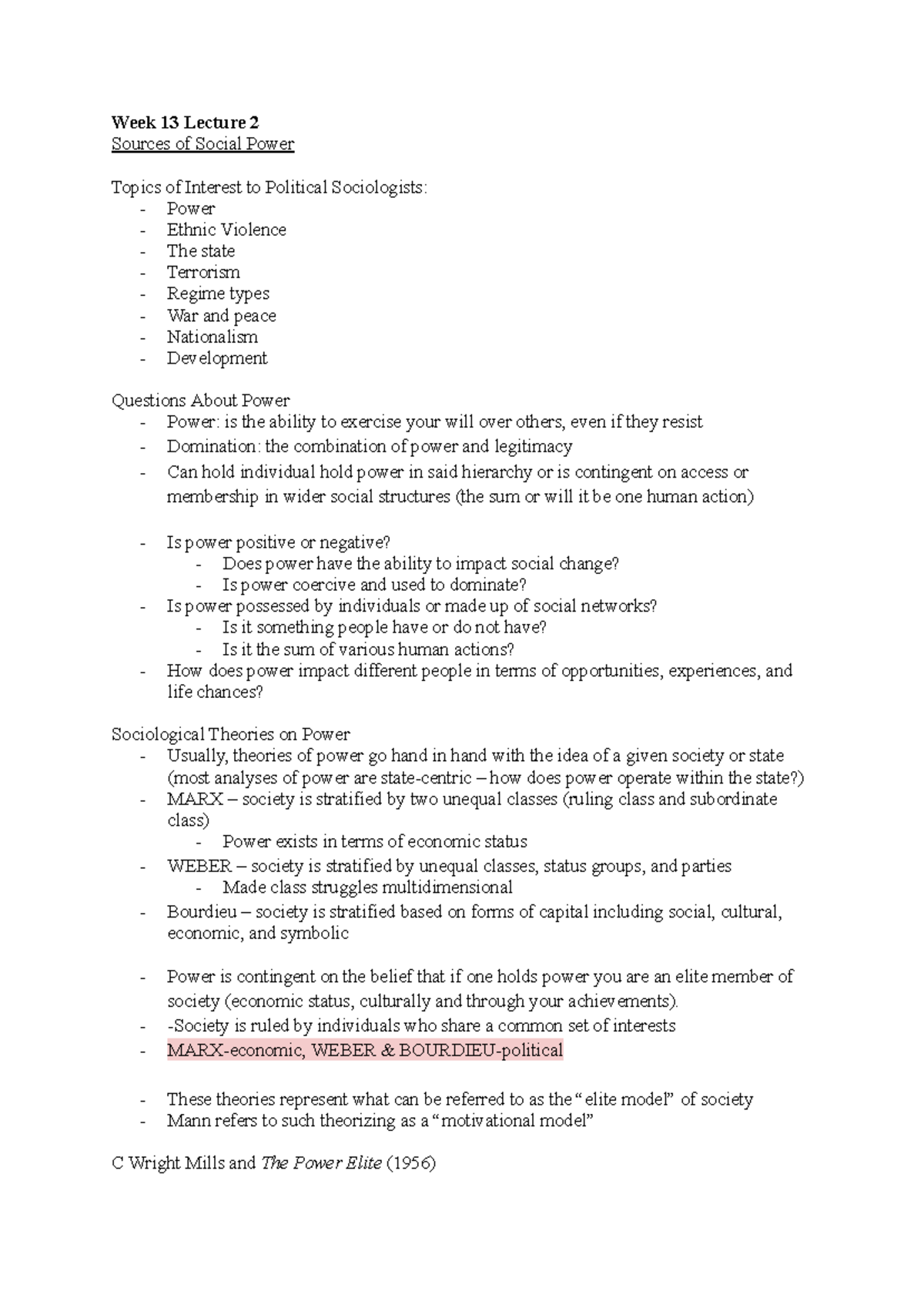 SOCY 122 Winter Term Notes - Week 13 Lecture 2 Sources of Social Power ...