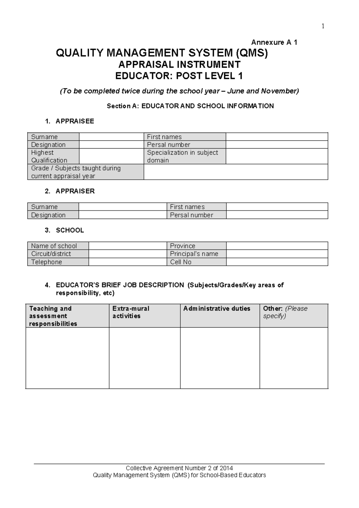 QMS Appraisal Instrument for PL1 - Annexure A 1 QUALITY MANAGEMENT ...