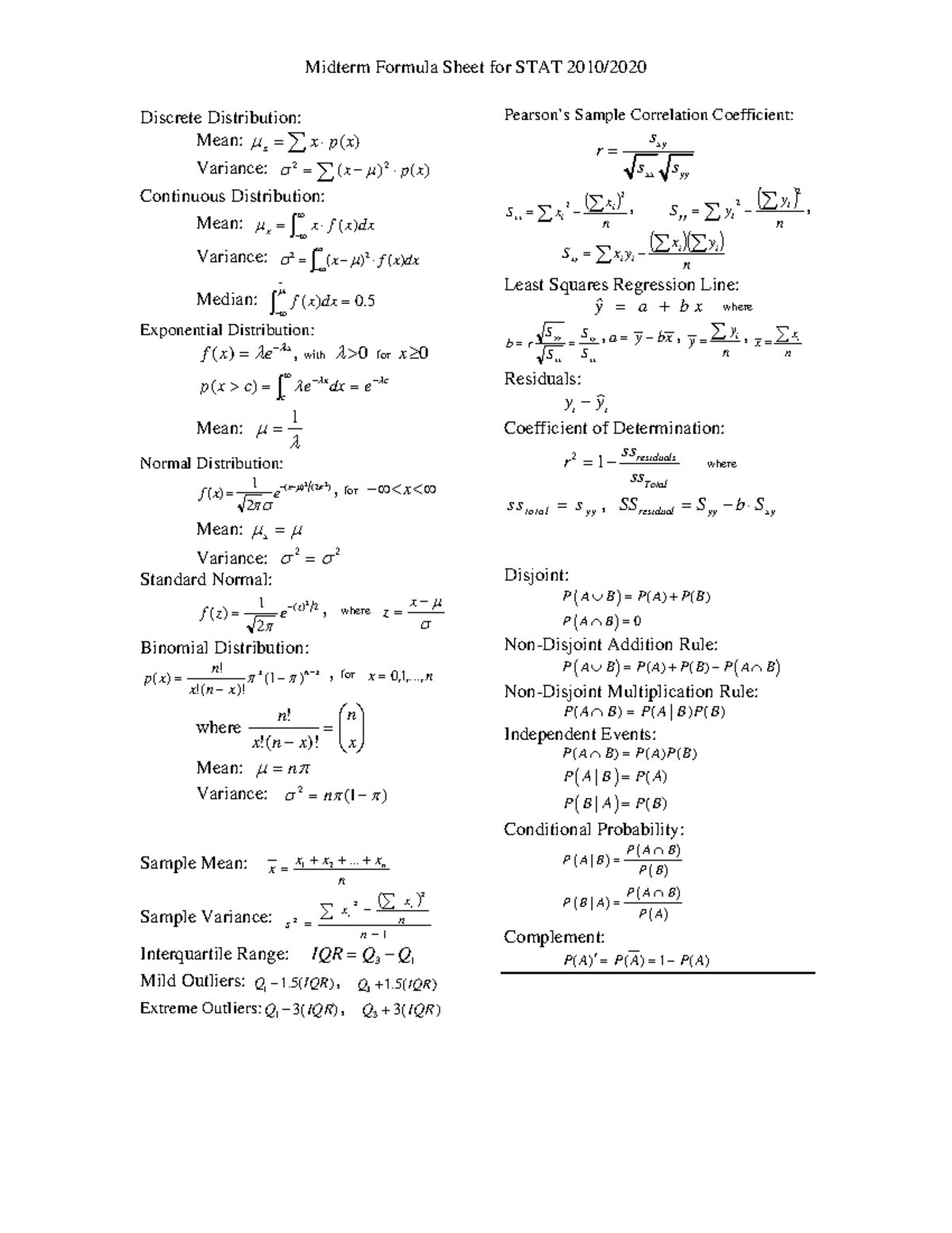 Midterm 1 Formula Sheet - 5 ~ ∫ = −∞ μ f x dx Exponential Distribution ...