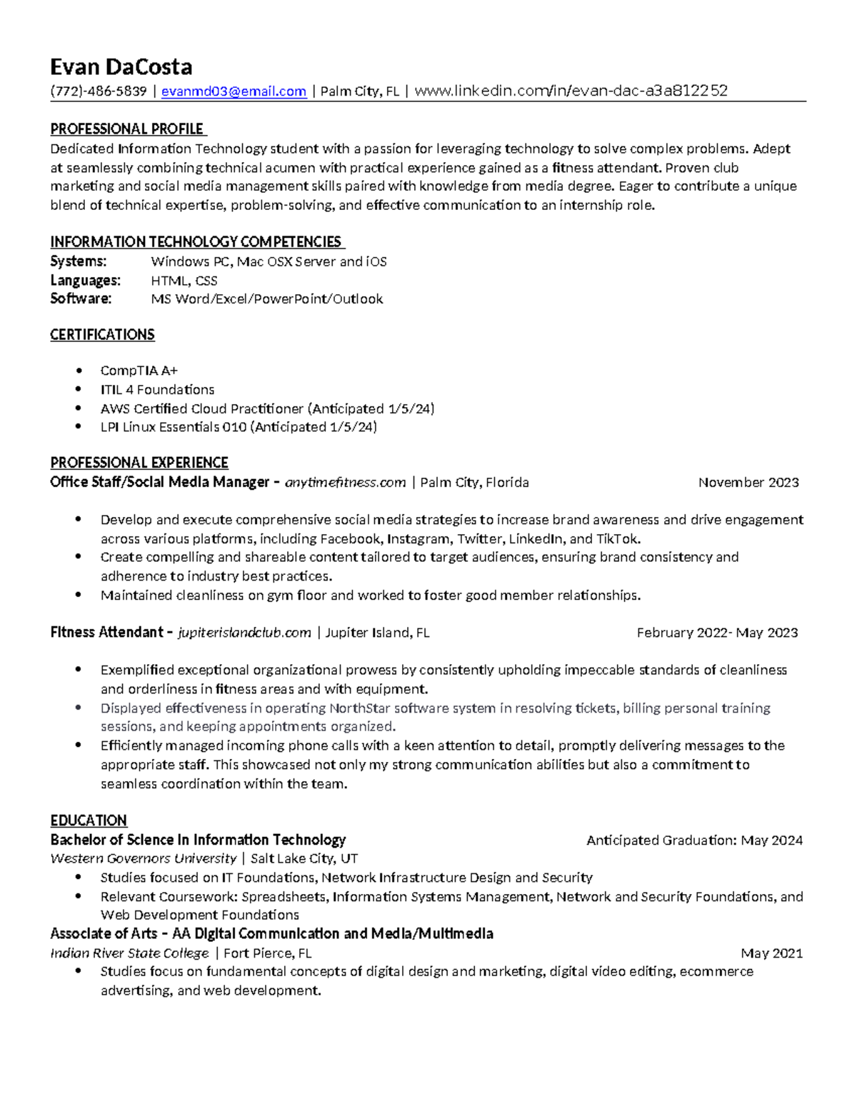 Evan Da Costa Resume - Evan DaCosta (772)-486-5839 | evanmd03@email ...