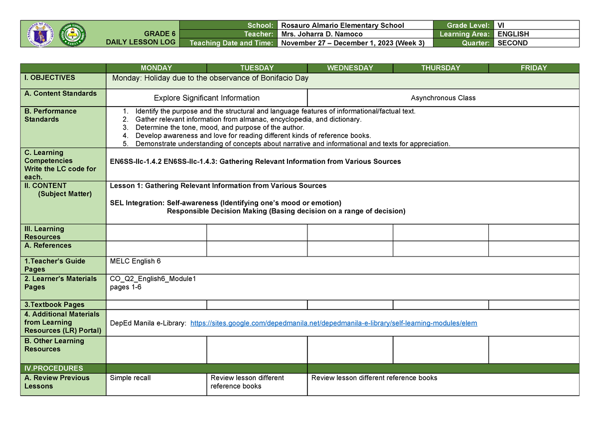 Quarter 2 WEEK 3 Daily Lesson LOG English 6 SY 2023 2024 - GRADE 6 ...