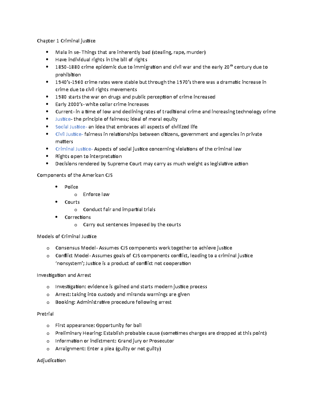 Chapter 1 Notes - Kelsey Collins - Chapter 1 Criminal justice Mala in ...
